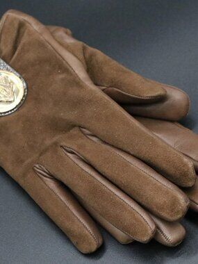 Gucci Crest Leather Suede Kids Gloves One Size - Brown/Gold